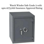 A grey Tempus Luxury Watch Winders 12 Watch Winder Safe Grade 2 with digital keypad and handle, designed for automatics. Shown on plain background. Text above: £175,000 Insurance Approved Rating by Tempus.