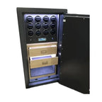 The Tempus Luxury Watch Winders 12 Watch Winder Safe Grade 2 (£175,000 insurance) features an open door displaying multiple round winders above two partially opened light wood drawers, all illuminated to highlight its premium craftsmanship.
