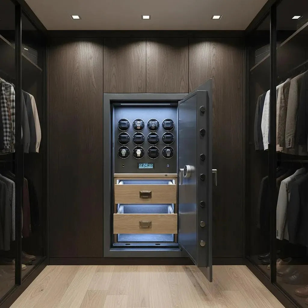 The Tempus Luxury Watch Winders 12 Watch Winder Safe Grade 3 (£350,000 insurance rated) is built into a modern walk-in closet wall, with its premium leather drawers surrounded by hanging clothes on both sides.