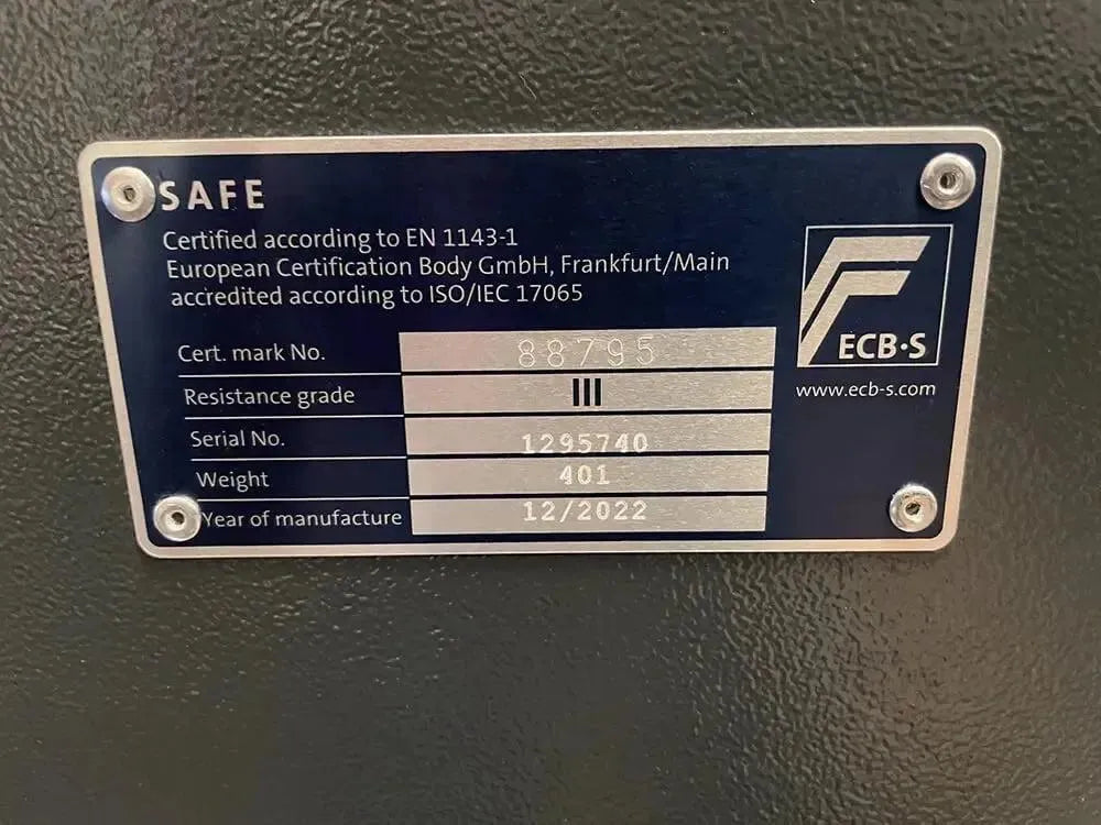 A metal nameplate on the Tempus Luxury Watch Winders 12 Watch Winder Safe Grade 3 (£350,000 insurance) shows certification info: certifying body, Grade III, serial no. 1295740, weight 401, and year made: 12/2022.
