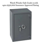 The Tempus Luxury Watch Winders 12 Watch Winder Safe Grade 3 features a keypad lock, handle, and holds 12 watches. Insurance-approved up to £350,000, it stands upright against a plain white background.