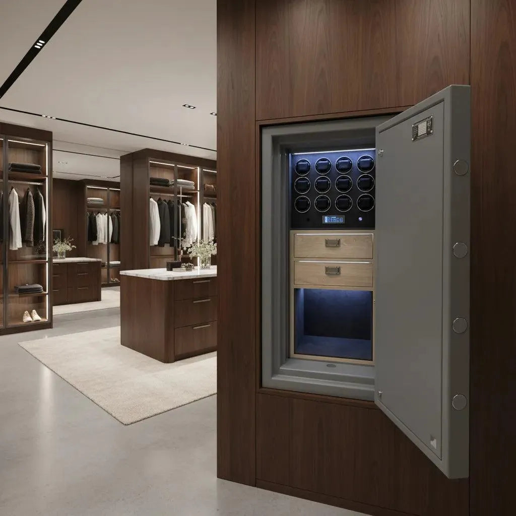 A Tempus Luxury Watch Winders 12 Watch Winder Safe Grade 4 (£600,000 insurance) is built into a wooden wall in a modern walk-in closet with wine bottle slots, shelves, drawers, and neatly organized clothes.
