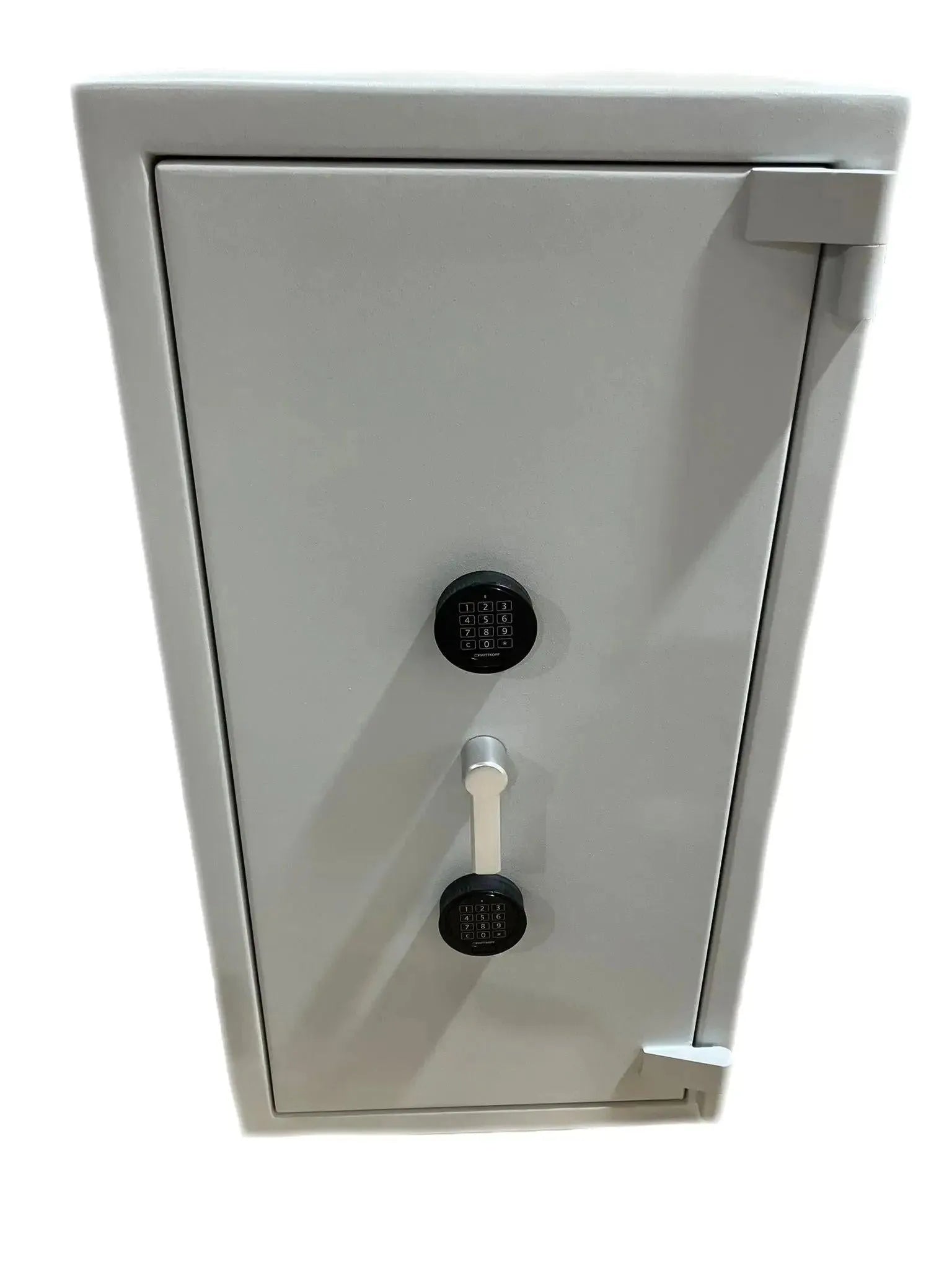 The Tempus Luxury Watch Winders 12 Watch Winder Safe Grade 4, featuring two black keypads and a white handle, secures your premium collection with a £600,000 insurance rating—ideal for storing up to 12 watches safely.