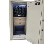 The Tempus Luxury Watch Winders 12 Watch Winder Safe Grade 4 features a white exterior, two wooden drawers, a digital control panel, LED-lit interior, and a 12-slot watch winder, with a £600,000 insurance rating.