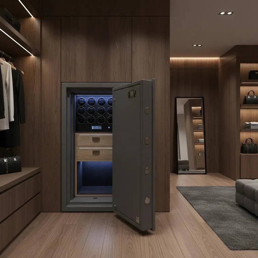 A luxurious walk-in closet with wood accents showcases the Tempus Luxury Watch Winders 12 Watch Winder Safe Grade 5 (£1,000,000 insurance rated), built into the wall with drawers and winders. Handbag shelves, clothing racks, and a floor mirror complete the look.