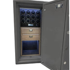 The Tempus 12 Watch Winder Safe Grade 5 by Tempus Luxury Watch Winders features a gray finish, an open door revealing 12 illuminated winder slots, two wooden drawers, and a spacious storage compartment. £1,000,000 insurance rated.