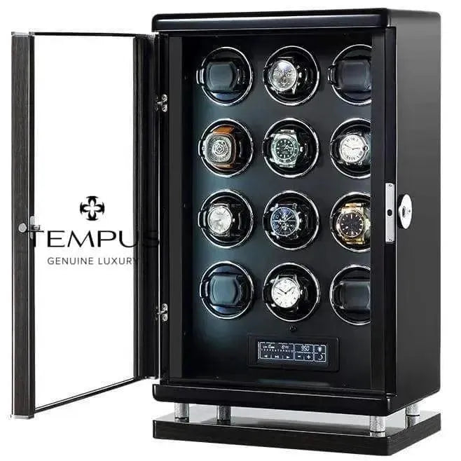 The Tempus Luxury Watch Winders 12 Watch Winder for Automatic Watches for men features BioMetric Technology, a black cabinet with a glass door, and displays twelve watches in circular slots with a bottom digital control panel.
