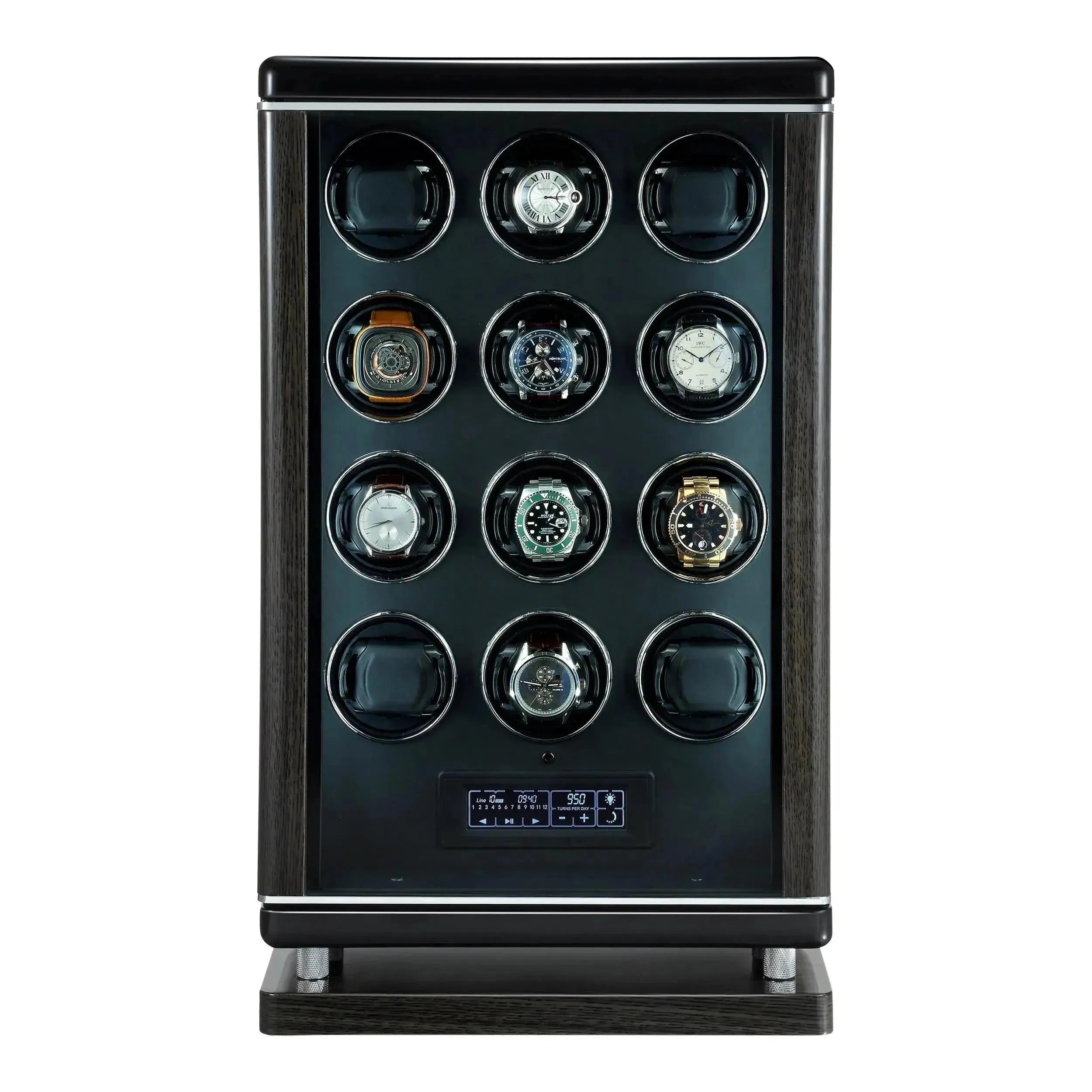 The Tempus Luxury Watch Winders 12 Watch Winder for Automatic Watches for men features a black rectangular case with twelve round slots and a digital control panel, enhanced with BioMetric Technology.