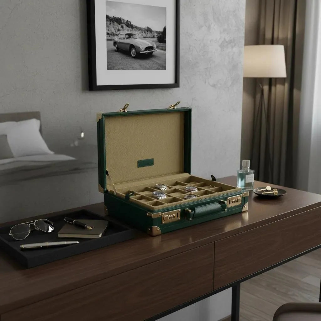 The Tempus 15 Watch BriefCase in green leather sits open on a wooden desk with watches inside. Nearby are sunglasses, a pen, notebook, glass of water, and framed car photo—ideal for stylishly organizing your timepieces.