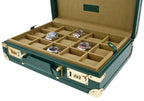 The Tempus 15 Watch BriefCase in green leather finish displays six beige suede slots with gold hardware, four holding luxury wristwatches—ideal for travel or storage.