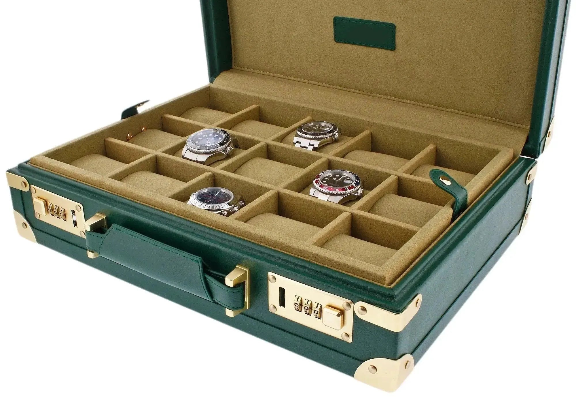 The Tempus 15 Watch BriefCase in green leather finish displays six beige suede slots with gold hardware, four holding luxury wristwatches—ideal for travel or storage.