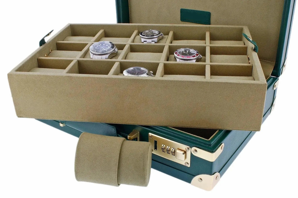 The Tempus 15 Watch BriefCase in green leather features a beige velvet interior with compartments for storing up to 15 watches, a removable cushion, and a secure combination lock for luxury travel or storage.