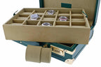 The Tempus 15 Watch BriefCase in green leather features a beige velvet interior with compartments for storing up to 15 watches, a removable cushion, and a secure combination lock for luxury travel or storage.