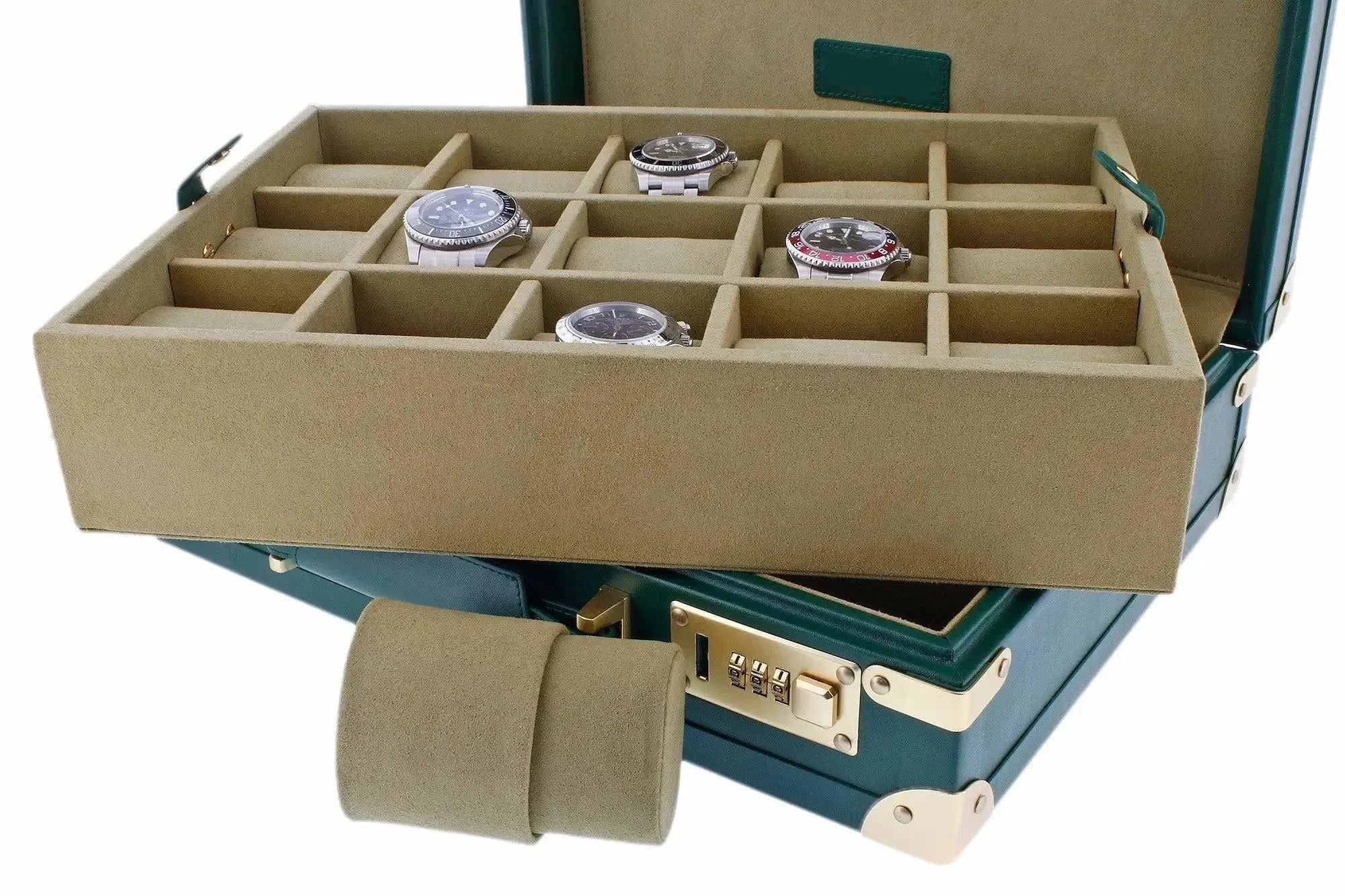 The Tempus 15 Watch BriefCase in green leather features a beige velvet interior with compartments for storing up to 15 watches, a removable cushion, and a secure combination lock for luxury travel or storage.
