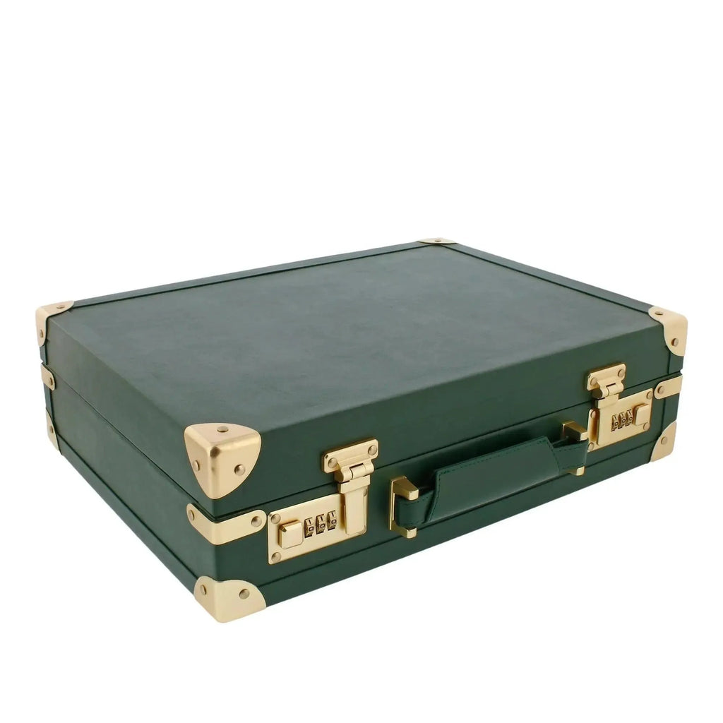 The Tempus 15 Watch BriefCase Travel or Storage in Green Leather Finish features gold-colored metal corners, locks, and handle attachments. It is shown closed on a white background.