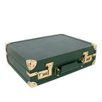 The Tempus 15 Watch BriefCase Travel or Storage in Green Leather Finish features gold-colored metal corners, locks, and handle attachments. It is shown closed on a white background.