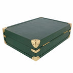 The Tempus 15 Watch BriefCase in green leather finish features gold metal corner protectors and small gold hinges, offering stylish travel or storage for your prized timepieces.