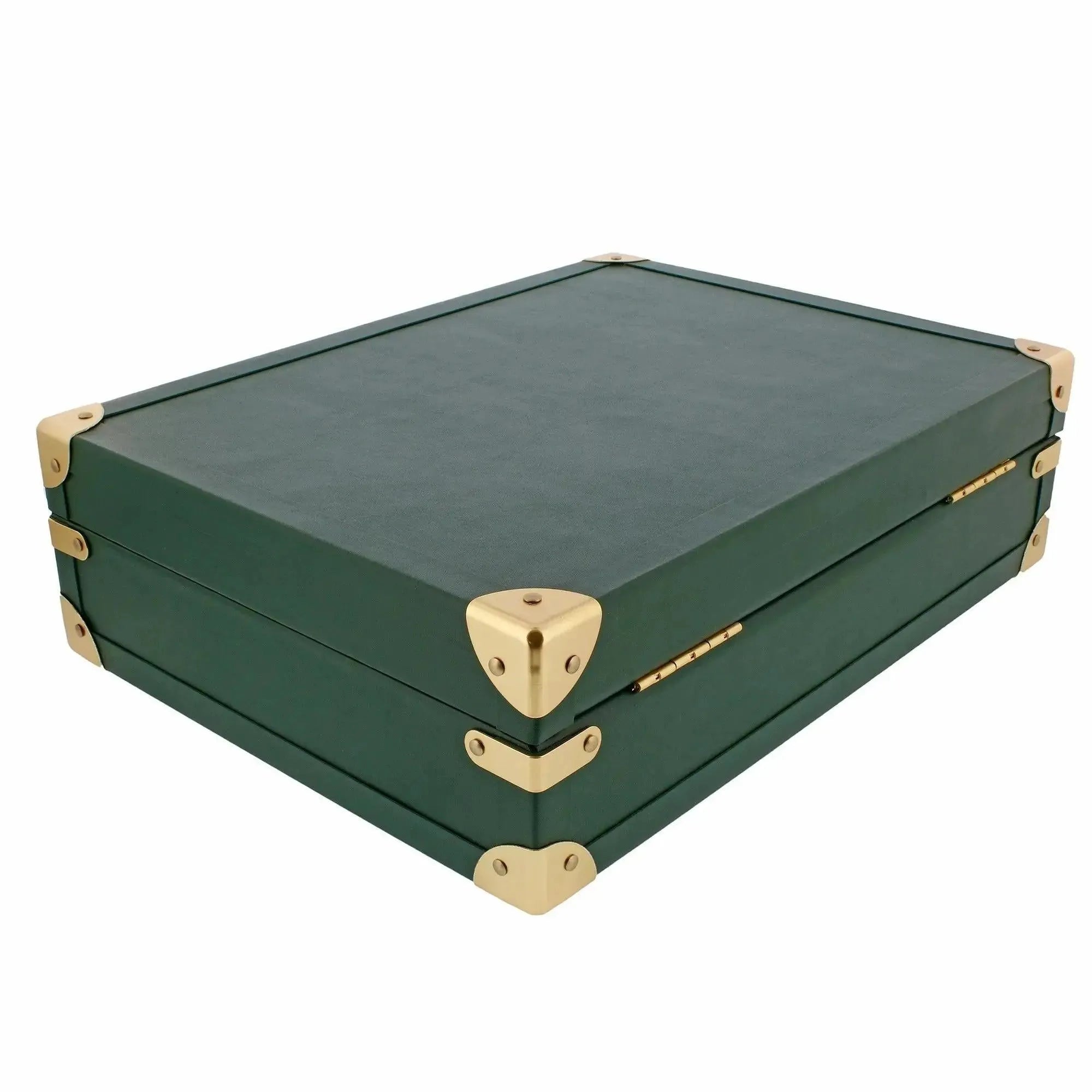 The Tempus 15 Watch BriefCase in green leather finish features gold metal corner protectors and small gold hinges, offering stylish travel or storage for your prized timepieces.