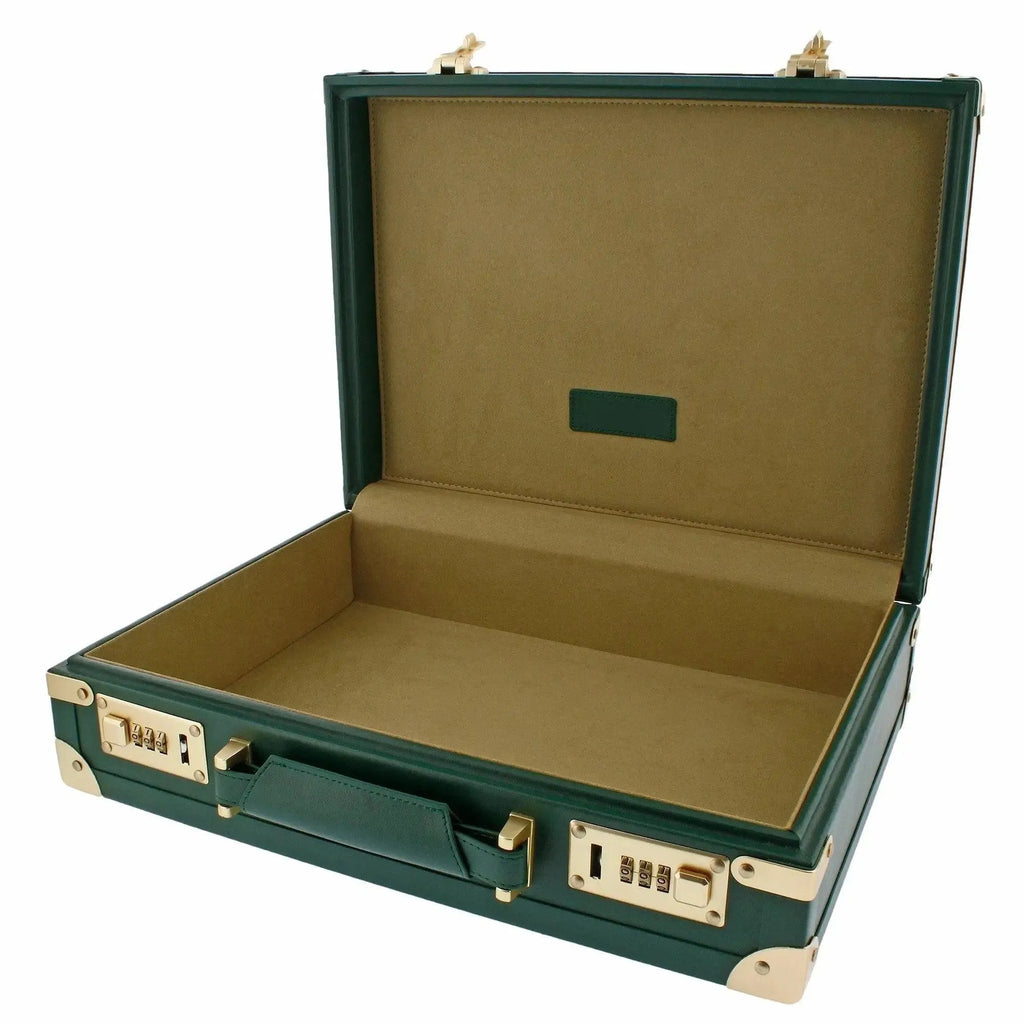 The Tempus 15 Watch BriefCase in green leather finish features gold accents, a handle, tan fabric lining, and front combination locks. Shown open and empty, it's ideal for travel or storage of up to 15 luxury watches.
