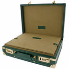 The Tempus 15 Watch BriefCase in green leather features gold hardware, a tan suede interior, handle, combination locks, and offers spacious storage or travel capacity for 15 watches.