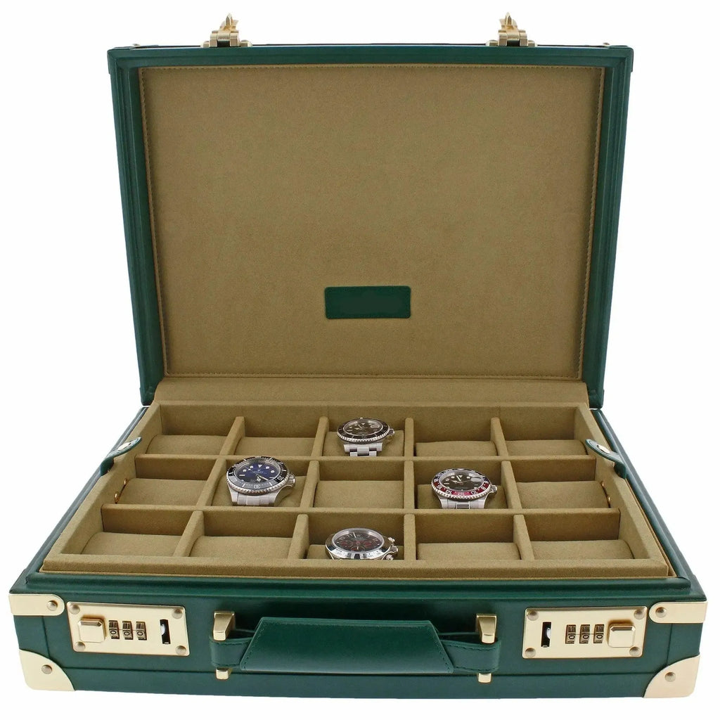 The Tempus 15 Watch BriefCase in green leather finish features a tan interior, gold-colored hardware, and a combination lock, providing premium storage for your watch collection in separate compartments—ideal for travel or display.