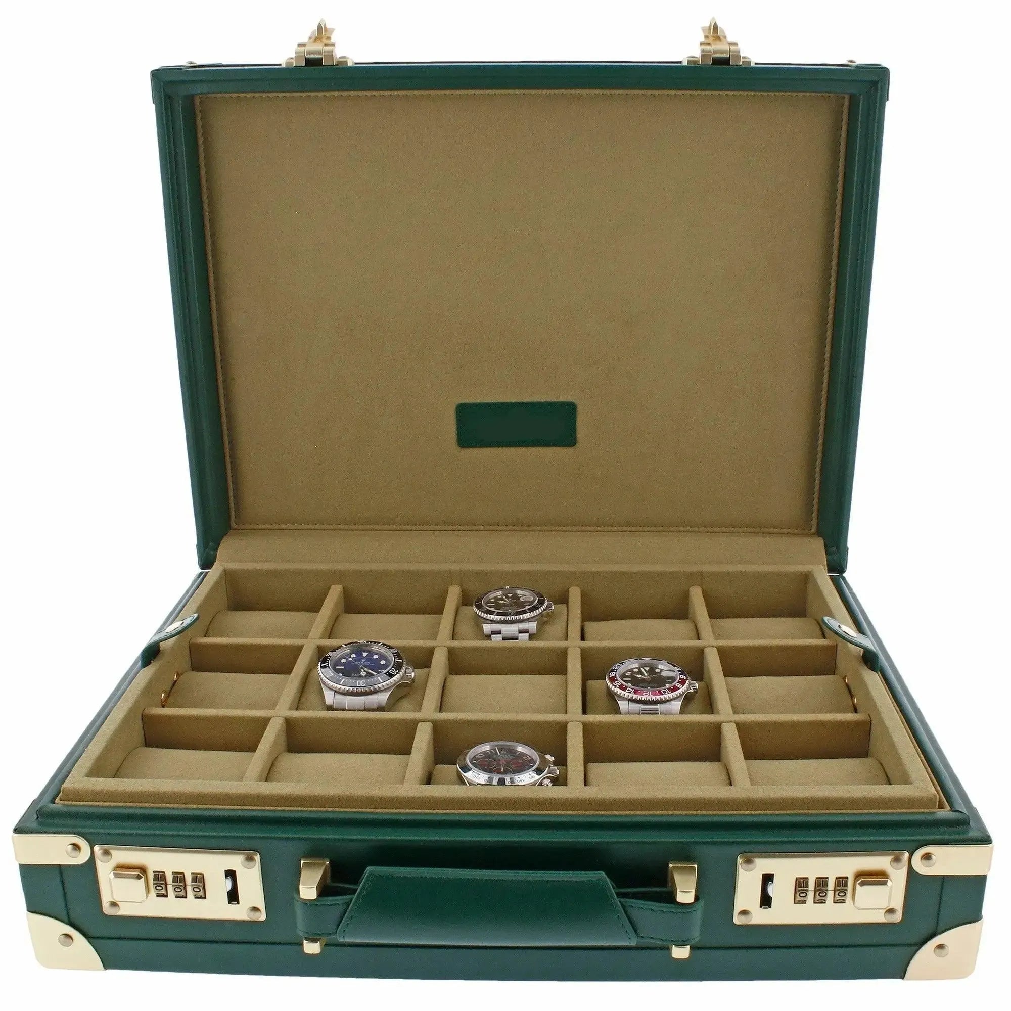 The Tempus 15 Watch BriefCase in green leather finish features a tan interior, gold-colored hardware, and a combination lock, providing premium storage for your watch collection in separate compartments—ideal for travel or display.