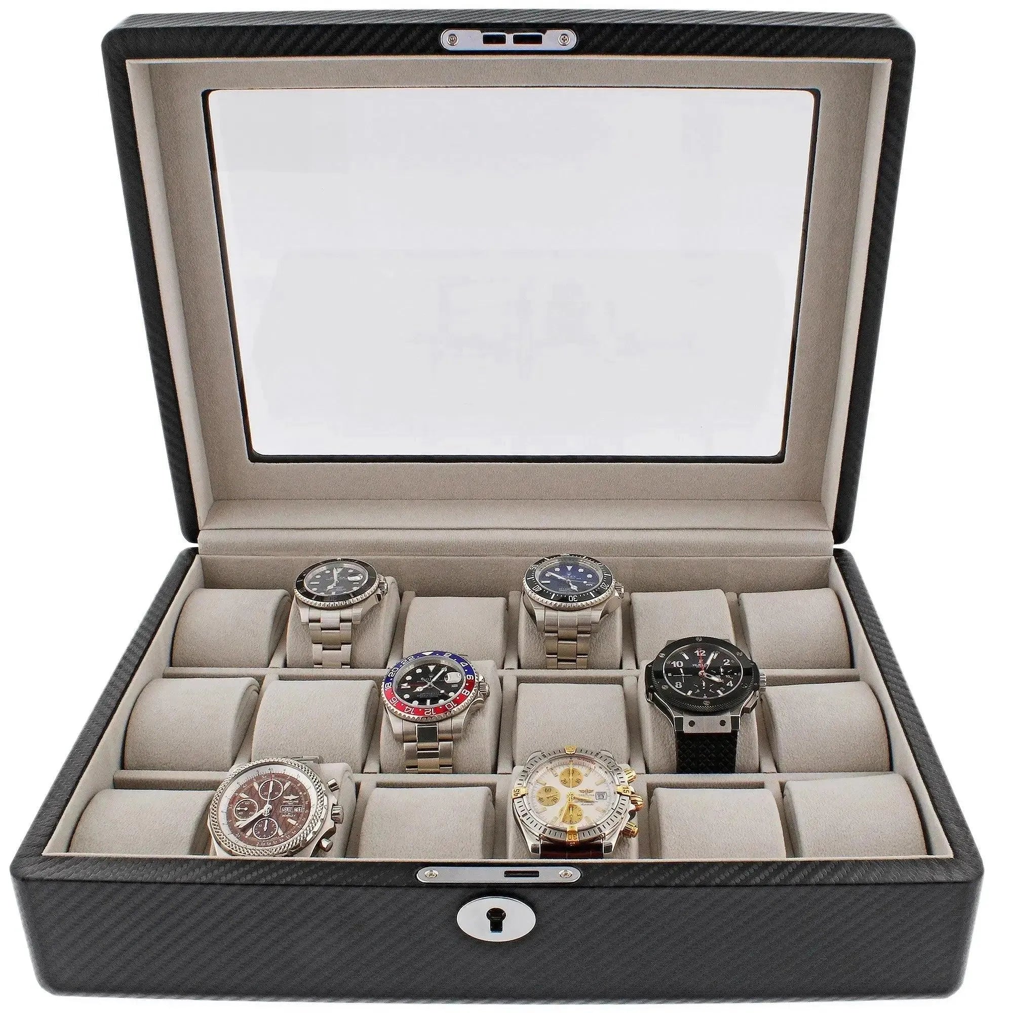 The Tempus Luxury Watch Winders 18 Watch Box Carbon Fibre Leather by Tempus displays six wristwatches on beige cushions in two rows of three, each in its own compartment under a glass lid.