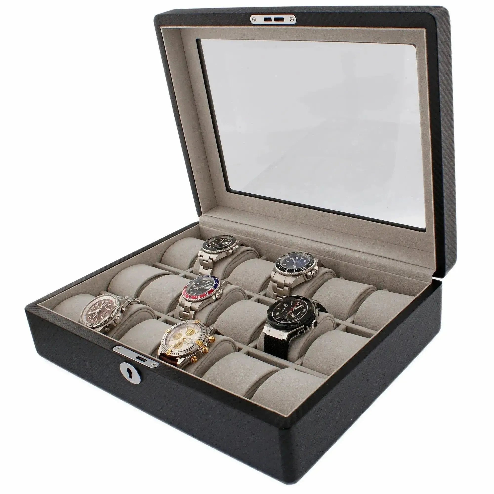 The Tempus Luxury Watch Winders 18 Watch Box Carbon Fibre Leather features a glass lid and premium finish, elegantly displaying six luxury watches on cushioned slots with additional empty slots for versatile storage.