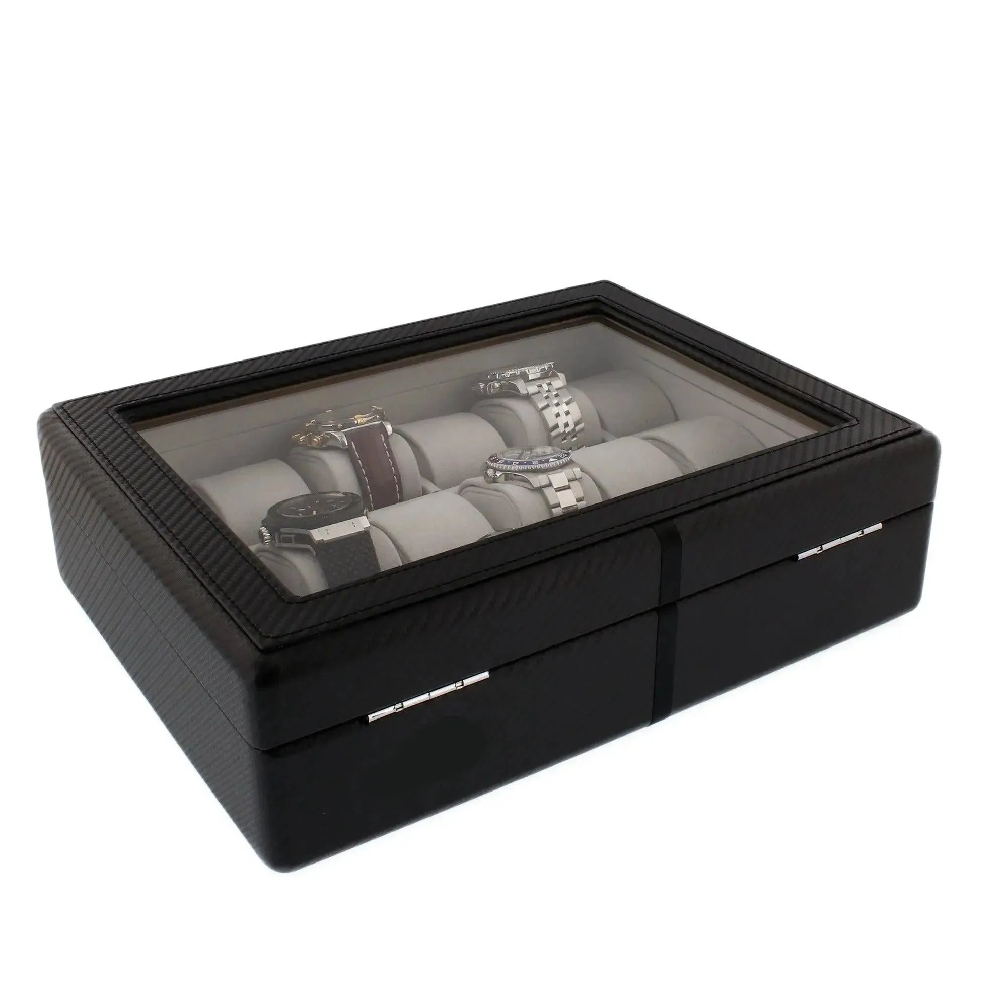 The 18 Watch Box Carbon Fibre Leather by Tempus Luxury Watch Winders features a sleek black rectangular design with a glass lid, silver hinges, and cushioned holders for luxury watch storage. Premium quality storage for up to 18 watches.