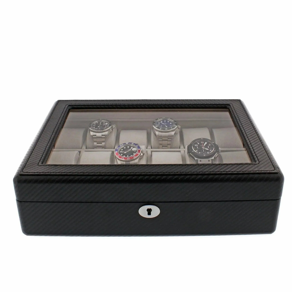 The Tempus Luxury Watch Winders 18 Watch Box features a carbon fibre leather finish, glass top, front lock, and textured design for premium luxury watch storage and display.
