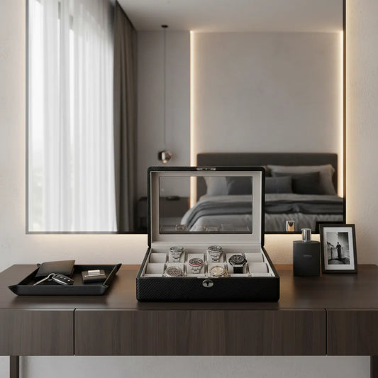 A modern bedroom vanity displays the Tempus Luxury Watch Winders 18 Watch Box Carbon Fibre Leather, showcasing six watches. Nearby are a tray with accessories, a framed photo, and cologne. The mirror reflects the bed and window behind.