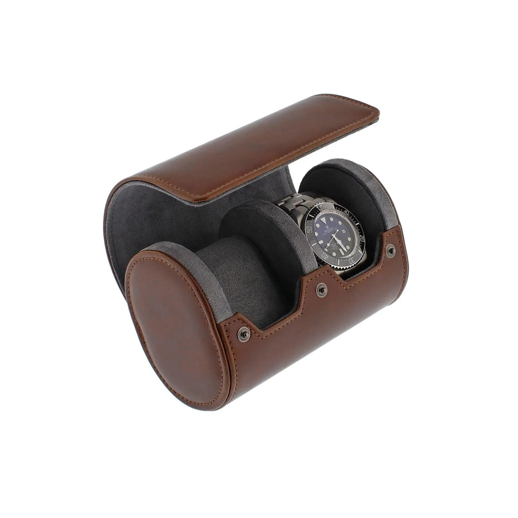 Vintage brown leather 2-watch roll with soft grey suede lining, holding a watch.
