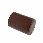 Vintage brown vegan leather 2-watch roll with soft grey suede lining, closed.