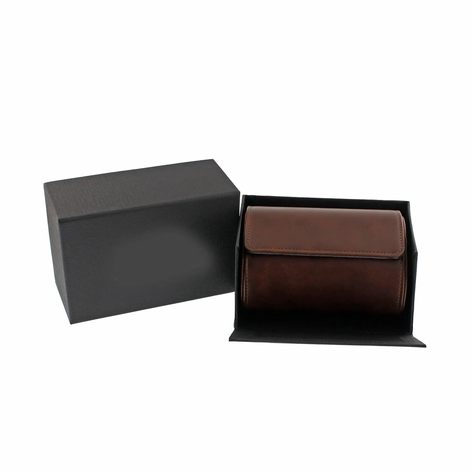 Vintage brown leather double watch roll with grey suede lining in an open black gift box.