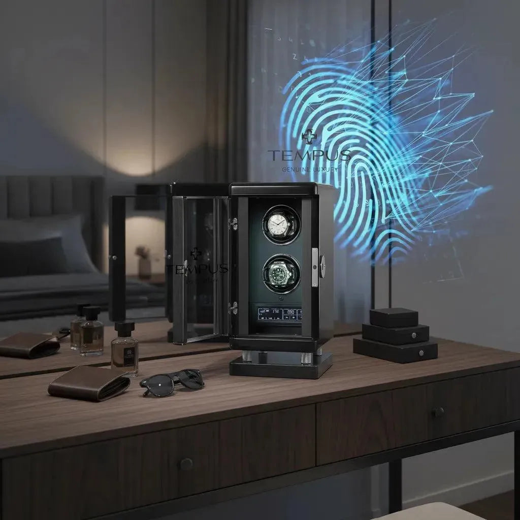The Tempus Luxury Watch Winders 2 Watch Winder for Automatic Watches for Men features biometric access technology, a vertical black and silver design, two watch holders, a digital display panel, and control buttons on the lower front.