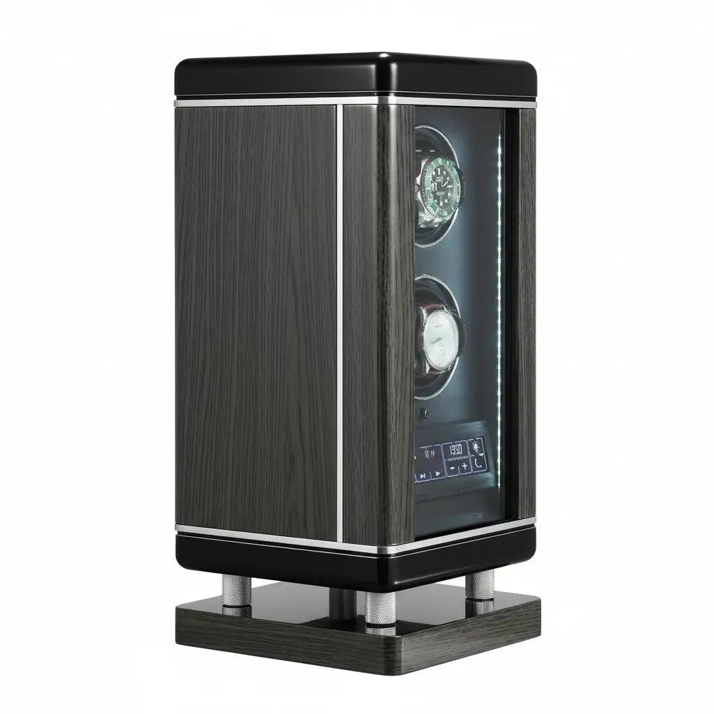 Tempus 2-watch winder with dark wood grain, black top/base, silver trim, LED interior, and touchscreen.