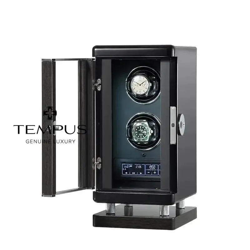 The TEMPUS 2 Watch Winder for Automatic Watches For Men by Tempus Luxury Watch Winders features biometric access, a sleek black rectangular design with a glass door, digital control panel, and displays two luxury watches inside.