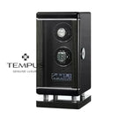 The Tempus Luxury 2 Watch Winder for Automatic Watches features a black rectangular design, two display slots, biometric access, a clear glass door, bottom digital controls, and the Tempus logo on the left.