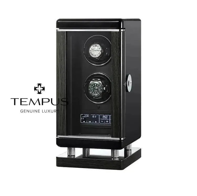 The Tempus Luxury 2 Watch Winder for Automatic Watches features a black rectangular design, two display slots, biometric access, a clear glass door, bottom digital controls, and the Tempus logo on the left.
