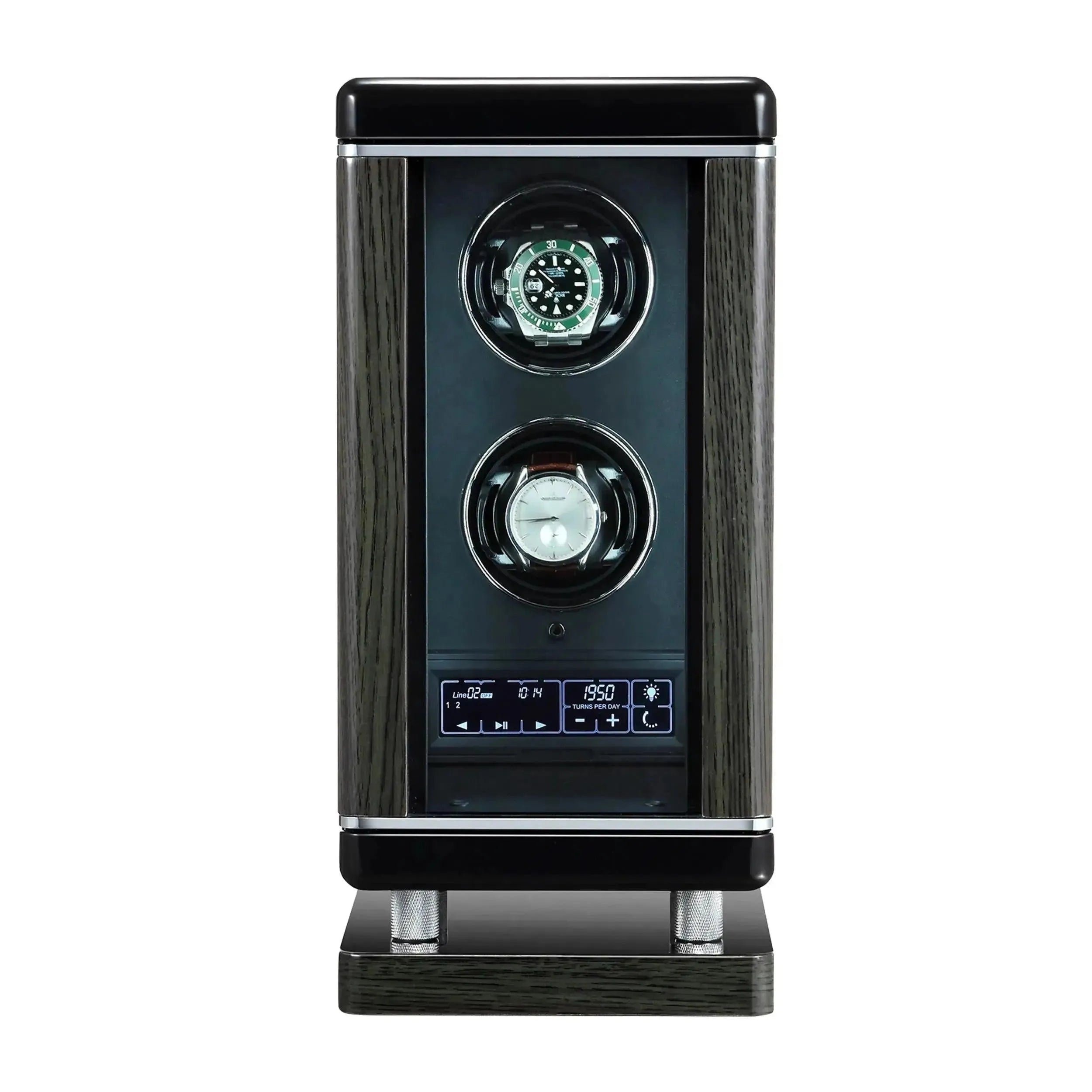 The Tempus Luxury Watch Winders 2 Watch Winder for Automatic Watches for Men features biometric access technology, a vertical black and silver design, two watch holders, a digital display panel, and control buttons on the lower front.