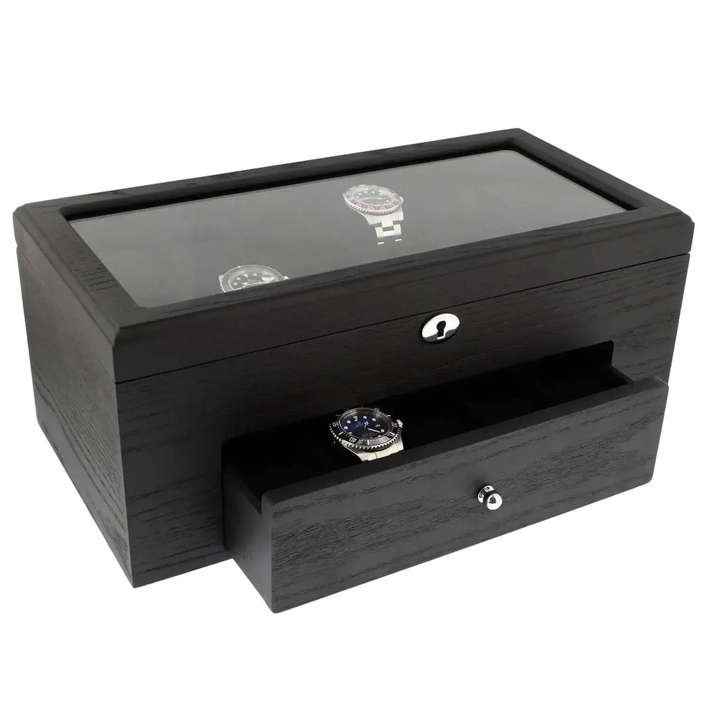The Tempus Luxury Watch Winders 22 Watch Box Premium Quality Black Oak Veneer with Drawer showcases your collection under a glass top, with secure storage in a lockable box and extra space in the drawer below.