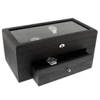 The Tempus Luxury Watch Winders 22 Watch Box Premium Quality Black Oak Veneer with Drawer showcases your collection under a glass top, with secure storage in a lockable box and extra space in the drawer below.