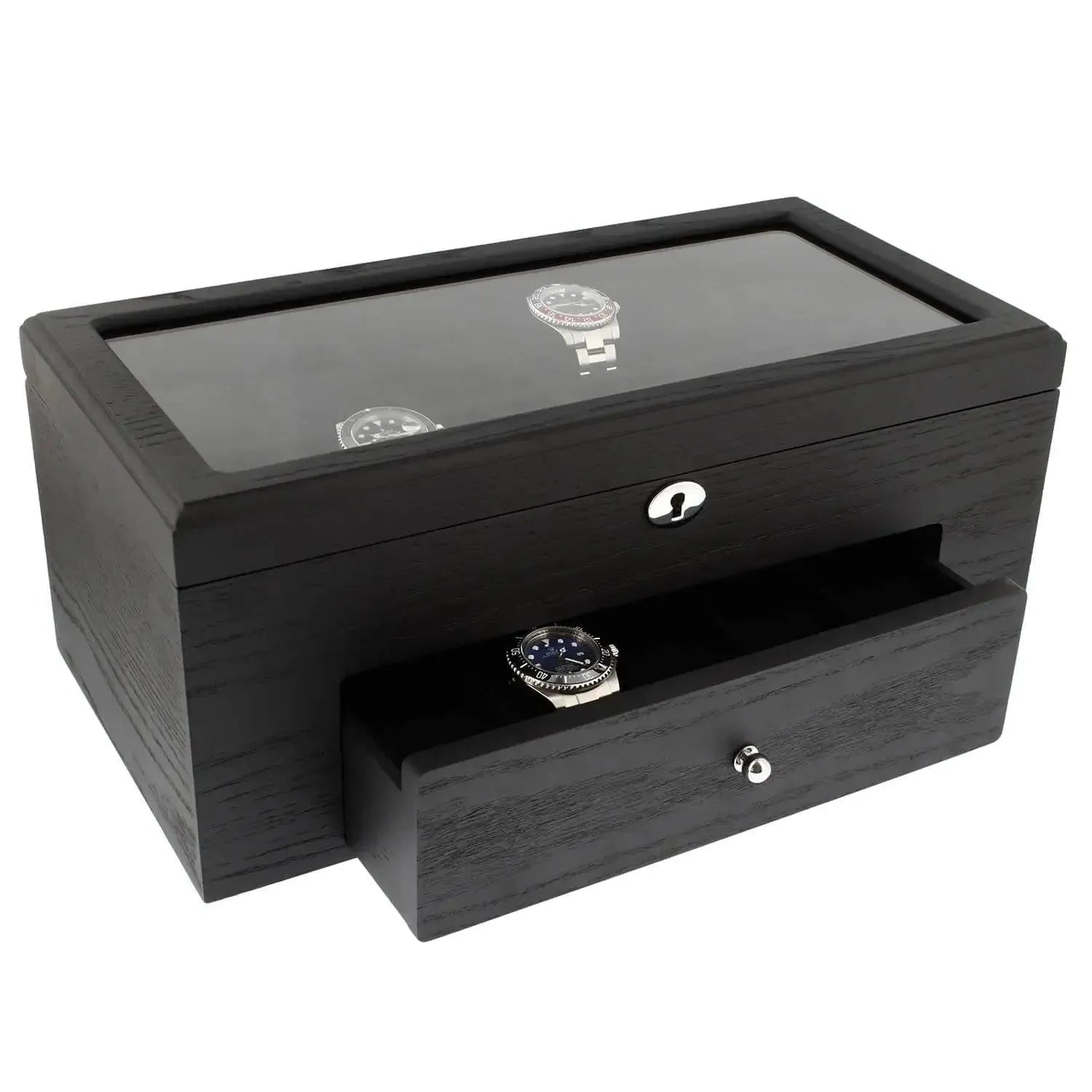 The Tempus Luxury Watch Winders 22 Watch Box Premium Quality Black Oak Veneer with Drawer showcases your collection under a glass top, with secure storage in a lockable box and extra space in the drawer below.