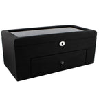 The 22 Watch Box Premium Quality Black Oak Veneer with Drawer by Tempus Luxury features a glass top, keyhole front, and lockable lower drawer—an elegant storage solution from Tempus Luxury Watch Winders.