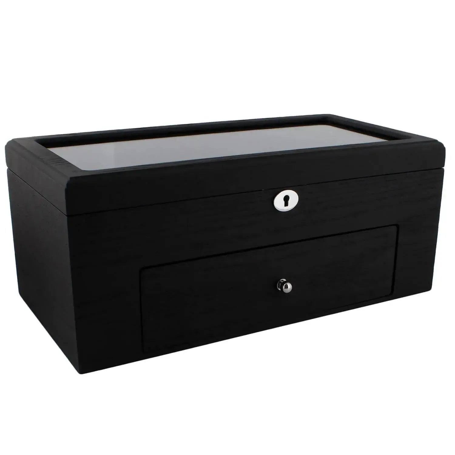 The 22 Watch Box Premium Quality Black Oak Veneer with Drawer by Tempus Luxury features a glass top, keyhole front, and lockable lower drawer—an elegant storage solution from Tempus Luxury Watch Winders.