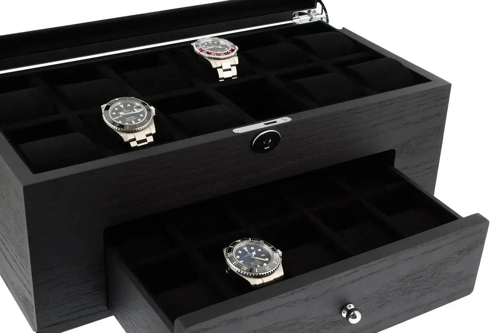 The 22 Watch Box Premium Quality Black Oak Veneer with Drawer by Tempus Luxury features an open top for three watches, a pull-out drawer for one watch, and black velvet lining in each section, offering elegant luxury storage from Tempus Luxury Watch Winders.