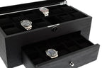 The 22 Watch Box Premium Quality Black Oak Veneer with Drawer by Tempus Luxury features an open top for three watches, a pull-out drawer for one watch, and black velvet lining in each section, offering elegant luxury storage from Tempus Luxury Watch Winders.