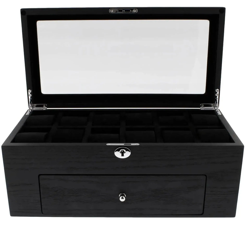 The 22 Watch Box Premium Quality Black Oak Veneer with Drawer by Tempus Luxury features a glass lid, multiple compartments, a convenient drawer, and a front lock—perfect luxury storage from Tempus Luxury Watch Winders.