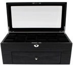 The 22 Watch Box Premium Quality Black Oak Veneer with Drawer by Tempus Luxury features a glass lid, multiple compartments, a convenient drawer, and a front lock—perfect luxury storage from Tempus Luxury Watch Winders.