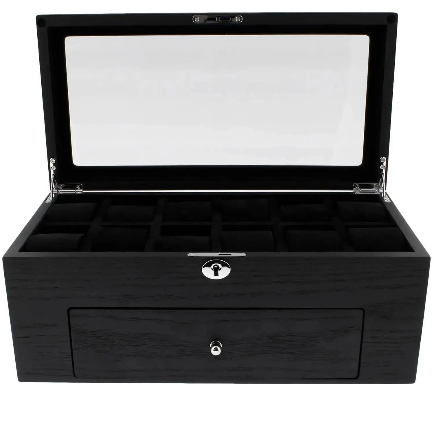 The 22 Watch Box Premium Quality Black Oak Veneer with Drawer by Tempus Luxury features a glass lid, multiple compartments, a convenient drawer, and a front lock—perfect luxury storage from Tempus Luxury Watch Winders.
